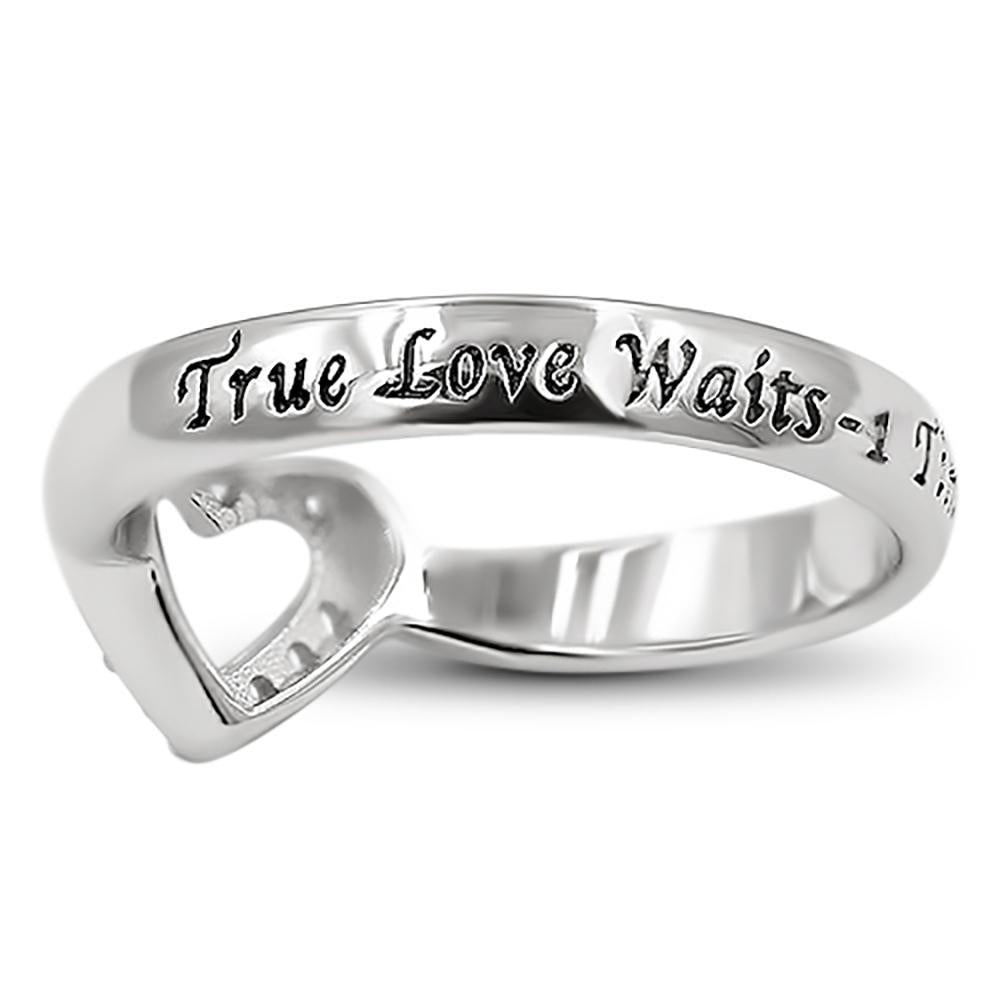 CZ Open Heart Silver Ring TRUE LOVE WAITS - 1 TIMOTHY 4:12